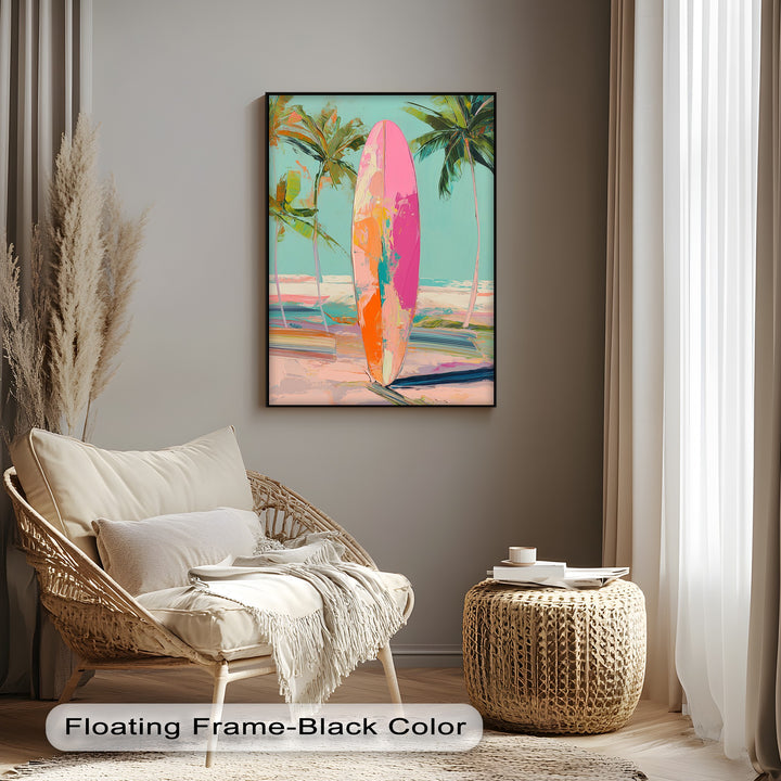 Sunset Ride – Vibrant Surfboard Beach Scene Canvas Print