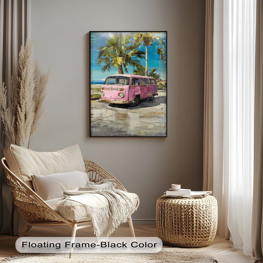 Pink Paradise Ride – Vintage Van by the Beach Canvas Print