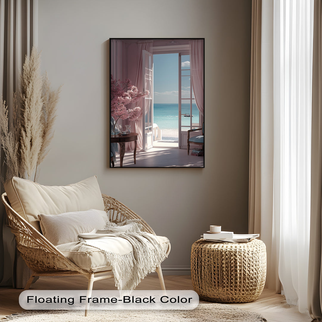 Seaside Serenity – Elegant Room with Ocean View Canvas Print