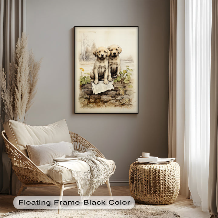 Stone Wall Puppies – Vintage Nature Scene Puppies Canvas Print