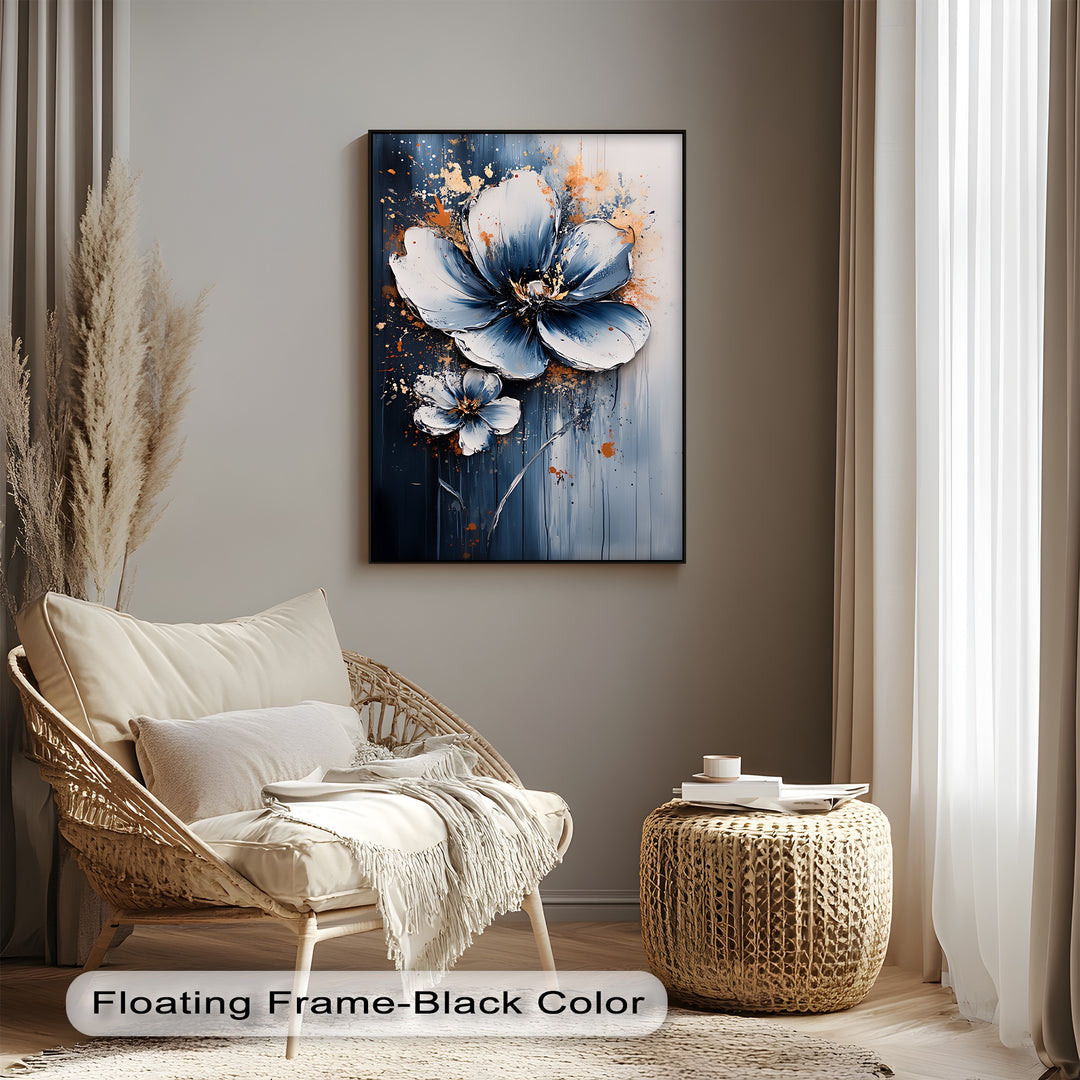 Electric Midnight Bloom – Blue and White Abstract Floral Canvas Print
