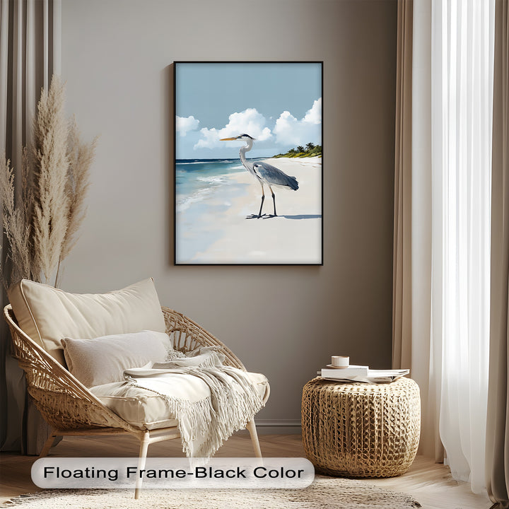 Coastal Heron Under Blue Skies – Tropical Beach Canvas Print