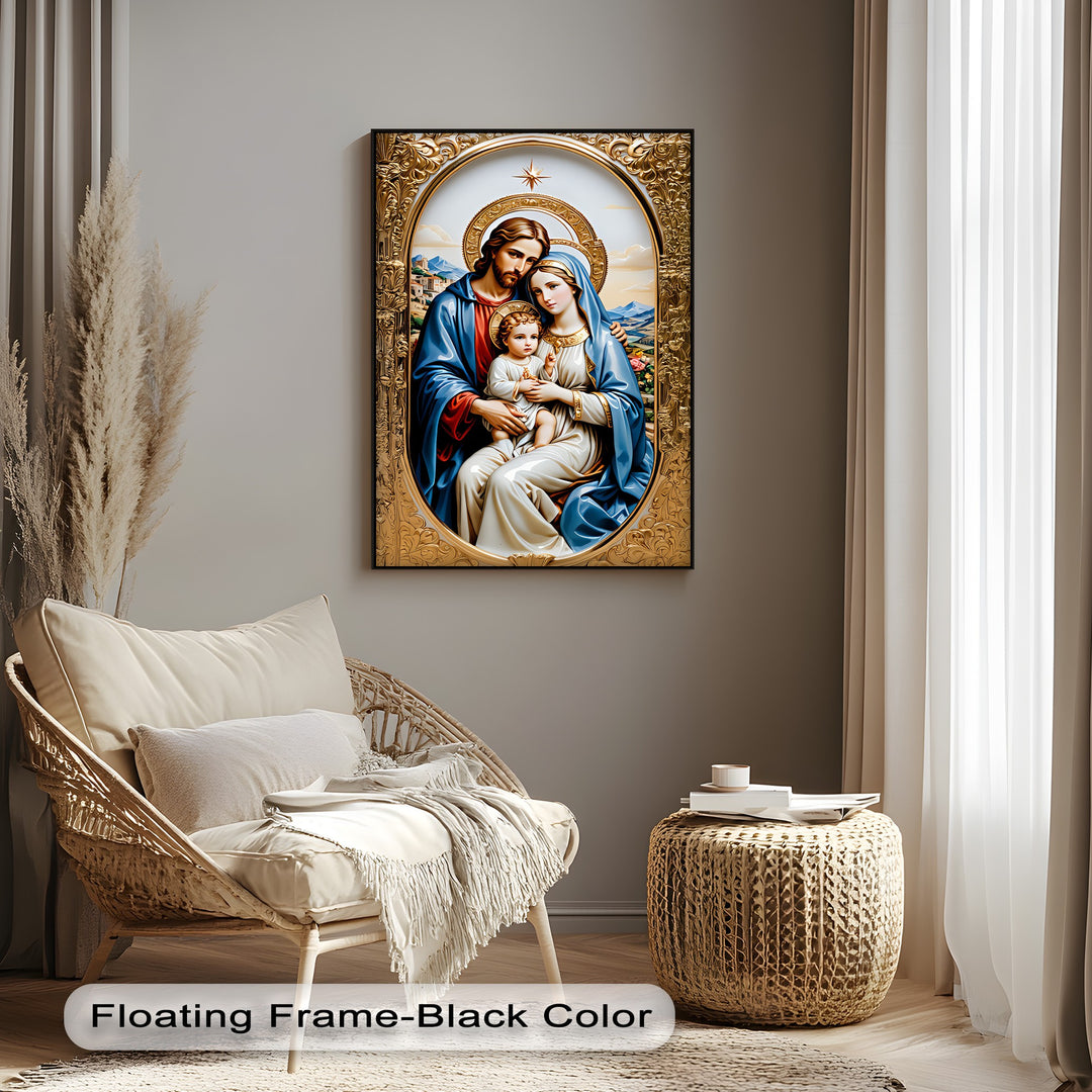 The darkest area, a sleek black floating frame, elegantly highlights the high quality canvas print of the Holy Family, Christian gold religious wall art.