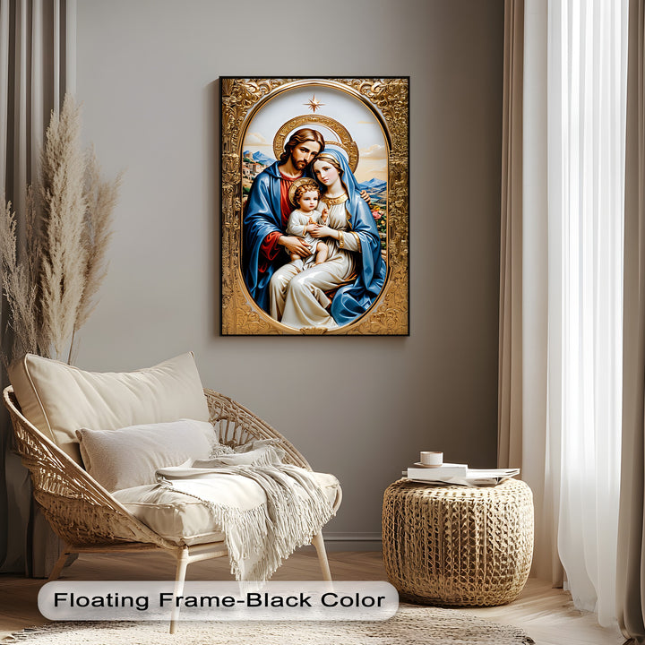 The darkest area, a sleek black floating frame, elegantly highlights the high quality canvas print of the Holy Family, Christian gold religious wall art.