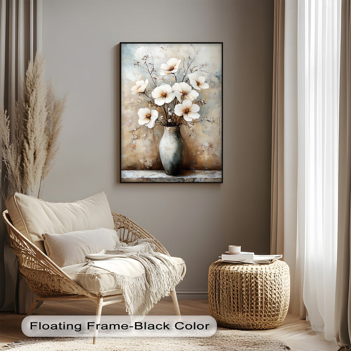 Vintage Bloom Still Life – White Flowers in Vase Canvas Print
