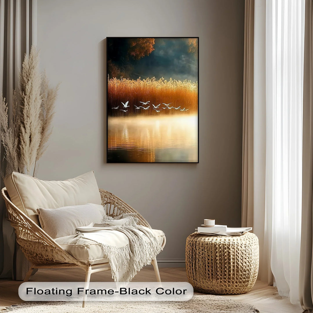 Golden Flight – Tranquil Birds at Sunset Canvas Print - MyPhotoStation