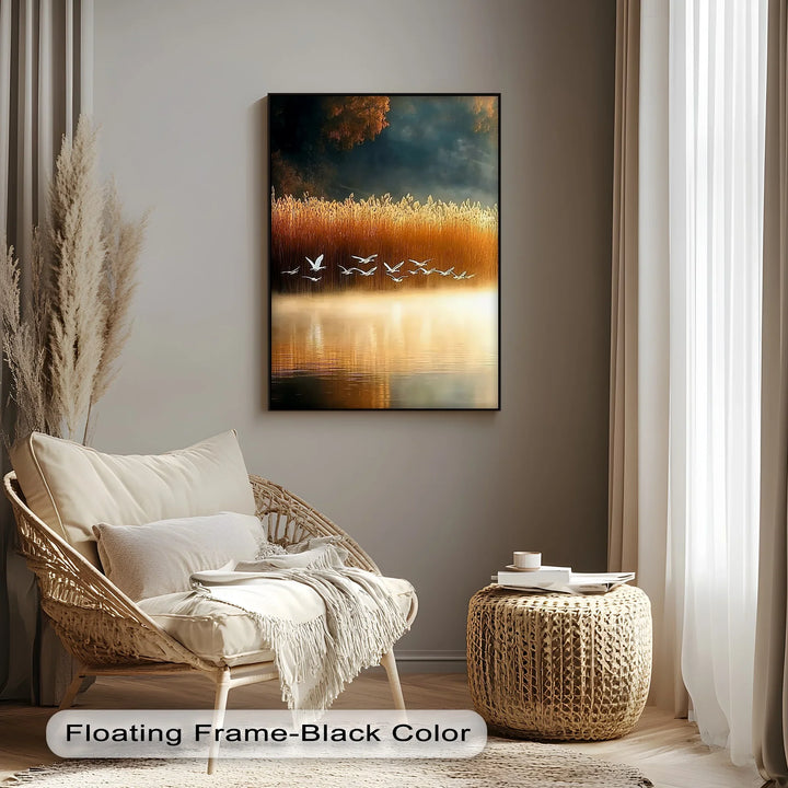 Golden Flight – Tranquil Birds at Sunset Canvas Print - MyPhotoStation
