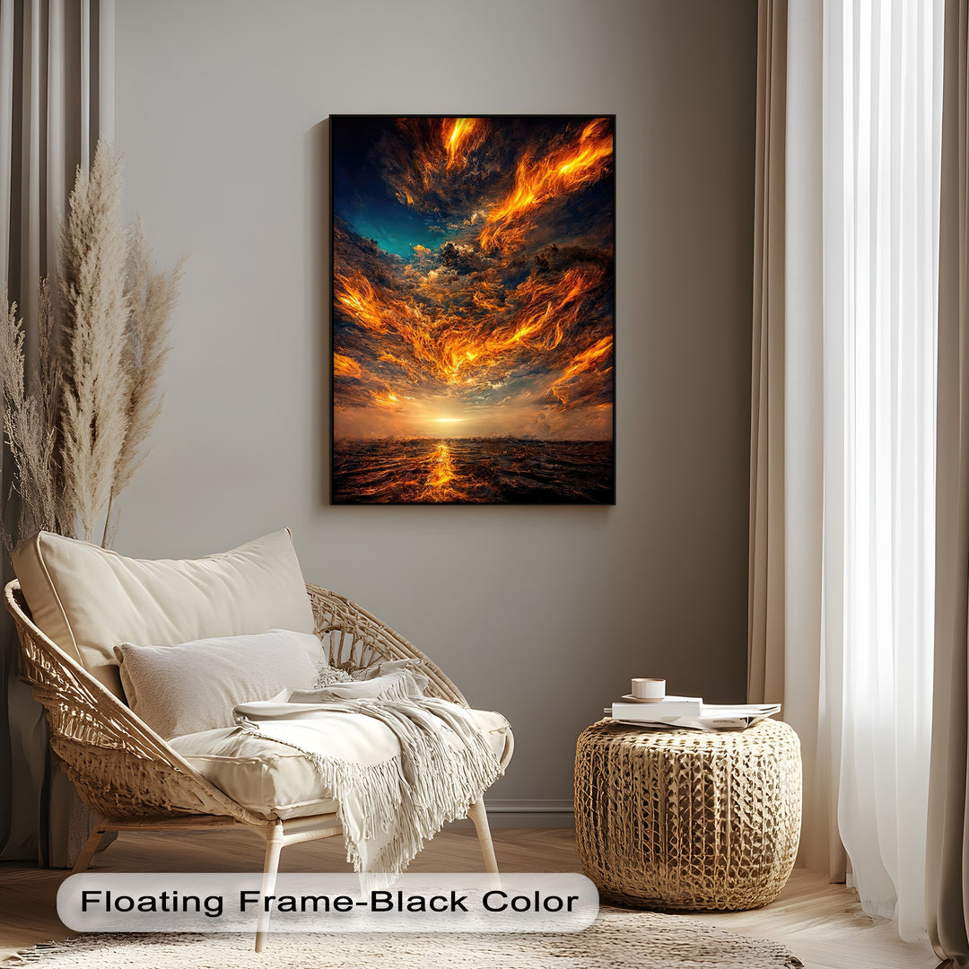 Captivating canvas artwork highlighting the dramatic color transition from deep blue to fiery orange clouds, reflecting a glowing horizon over dark ocean waves.