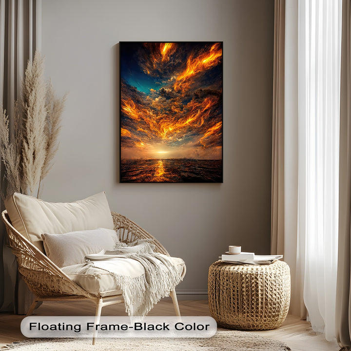 Captivating canvas artwork highlighting the dramatic color transition from deep blue to fiery orange clouds, reflecting a glowing horizon over dark ocean waves.
