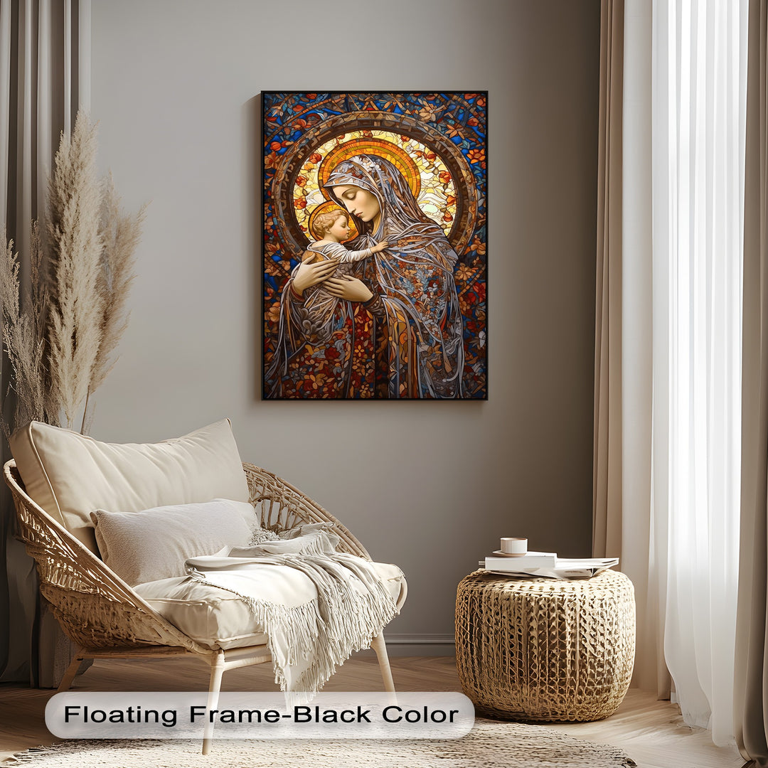 The serene mood of a cozy room is elevated by a beautiful framed canvas depicting the Stained Glass Madonna, Virgin Mary, and Child.