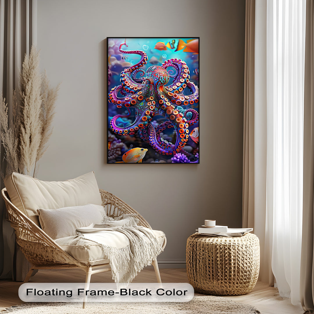 Organic forms like a vibrant, intricately patterned octopus and fluffy pampas grass enhance this striking colorful octopus canvas wall art.