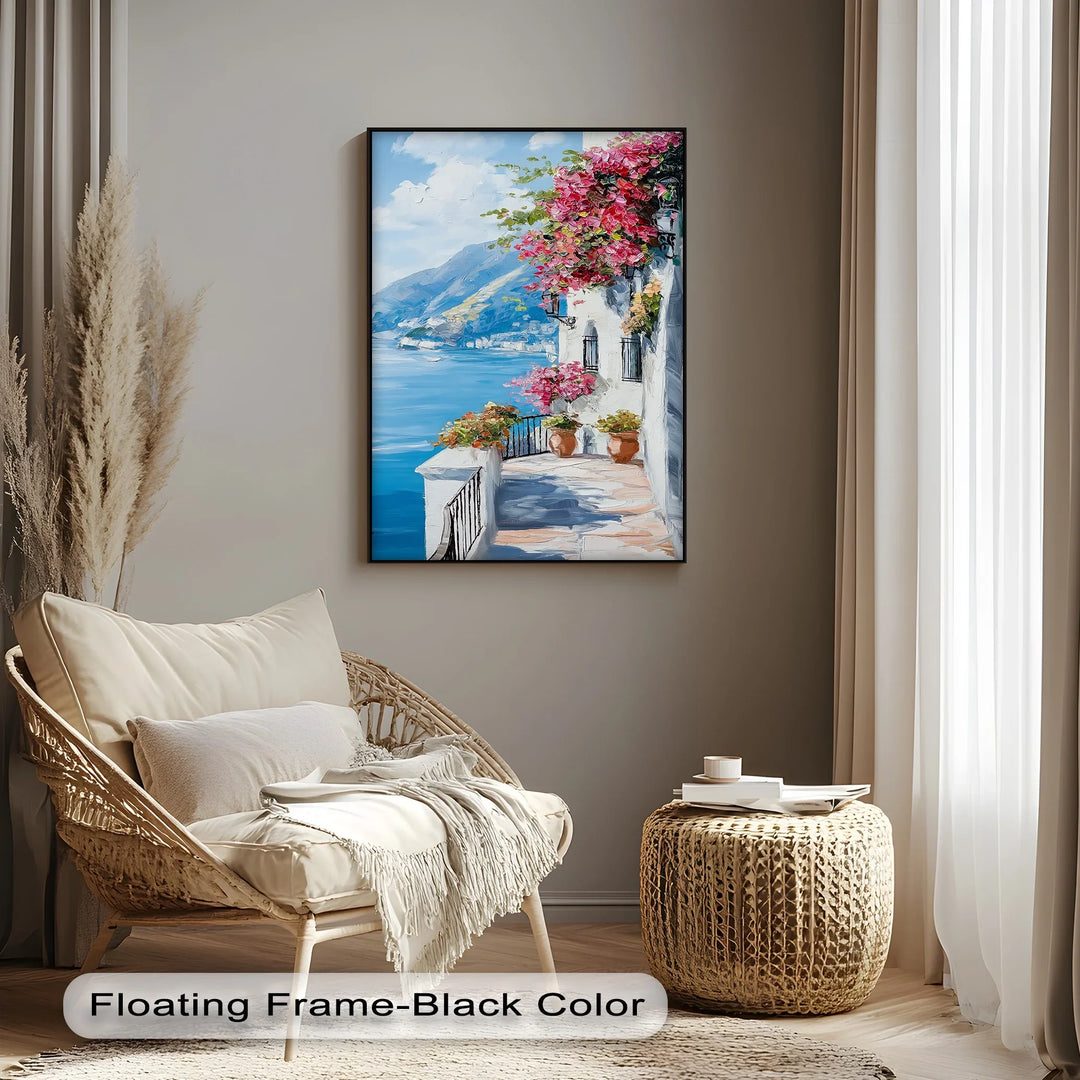 Sunlit Balcony by the Amalfi – Seaside Floral Canvas Print
