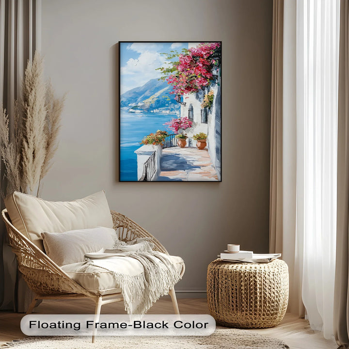 Sunlit Balcony by the Amalfi – Seaside Floral Canvas Print