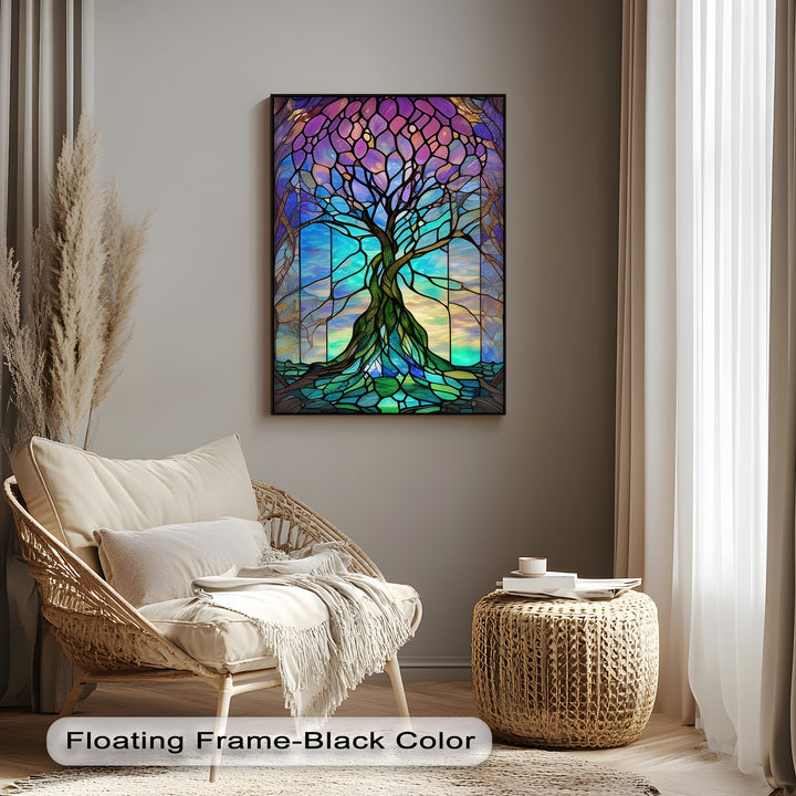 Vibrant purple, blue, and green hues define this colorful stained glass tree canvas painting, creating an intricate nature wall art.