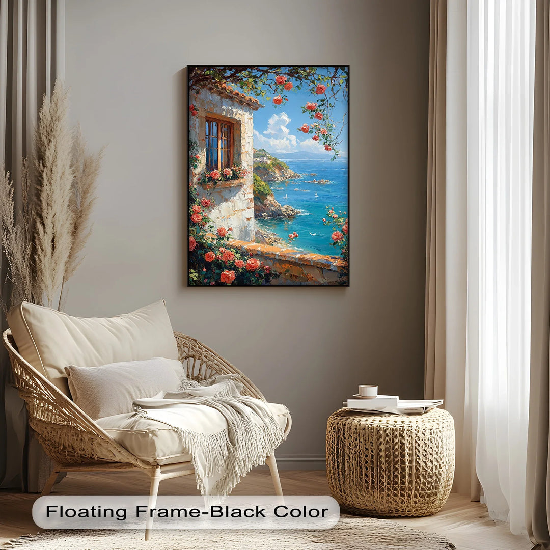 Seaside Roses View – Mediterranean Coast Window Canvas Print - MyPhotoStation