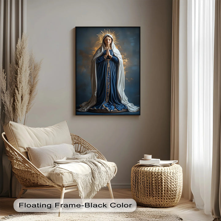 Elevate your décor with this luminous canvas painting of the Blessed Virgin in celestial light.

