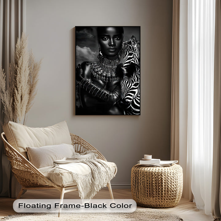The monochrome canvas artwork vibrantly suggests movement through the dramatic clouds and the zebra's dynamic stripes, creating an elegant safari portrait.