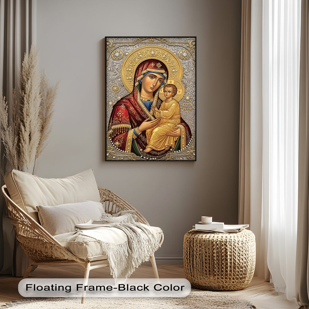 Ornate patterns and flowing lines within the Virgin Mary and Child gold Christian icon canvas wall art evoke a subtle, dynamic energy.