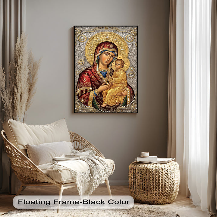 Ornate patterns and flowing lines within the Virgin Mary and Child gold Christian icon canvas wall art evoke a subtle, dynamic energy.