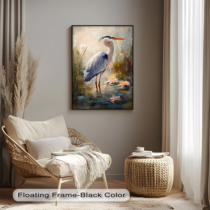 Graceful Heron Among Lilies – Serene Wildlife Canvas Print