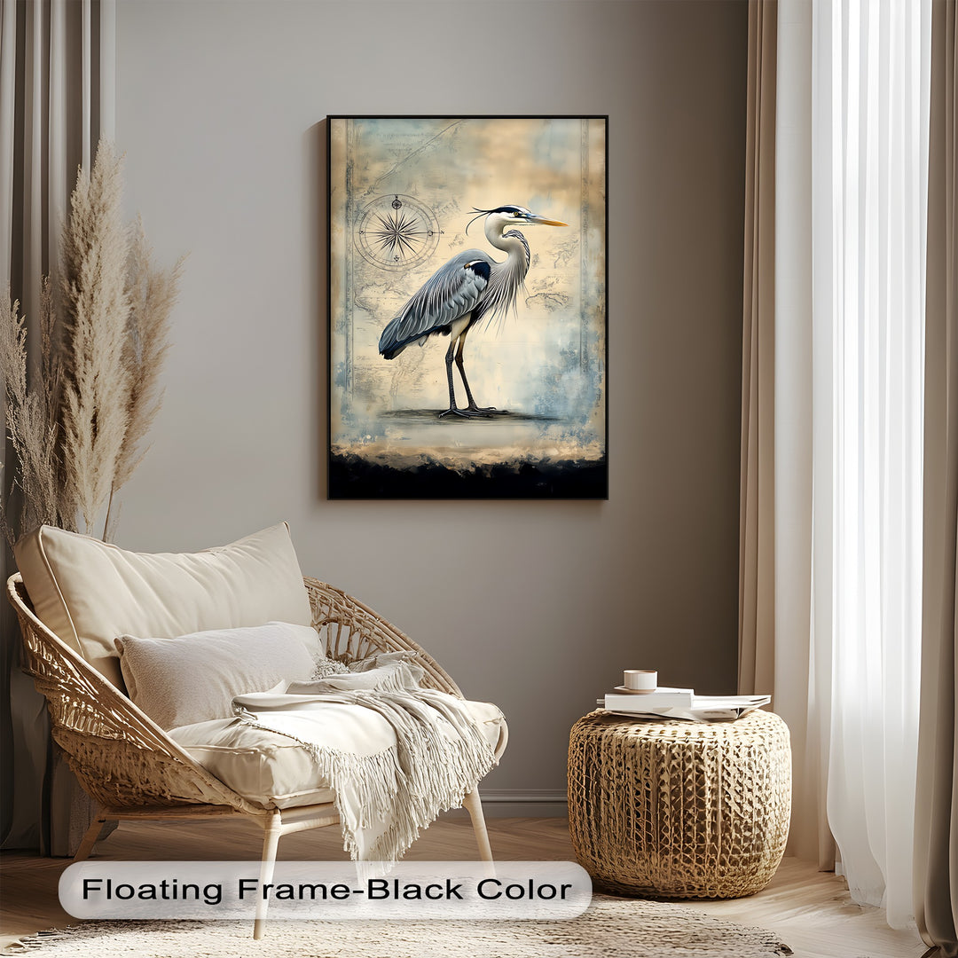 Navigational Heron – Vintage Map Inspired Bird Canvas Print