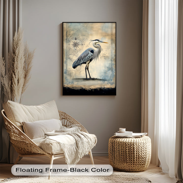 Navigational Heron – Vintage Map Inspired Bird Canvas Print