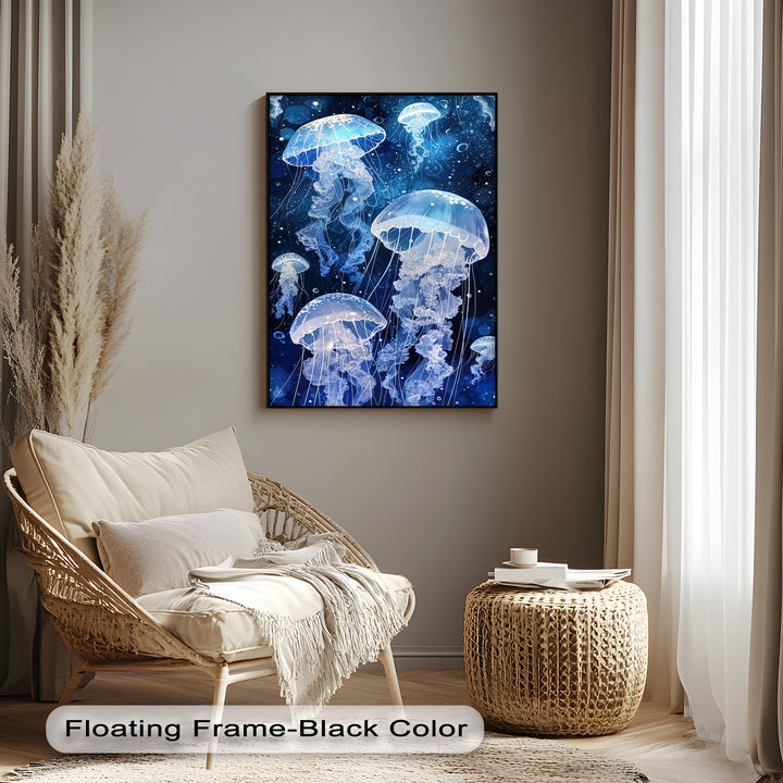Soft, feathery pampas grass and plush cushions define comfort next to a vibrant luminous blue jellyfish canvas wall decor.