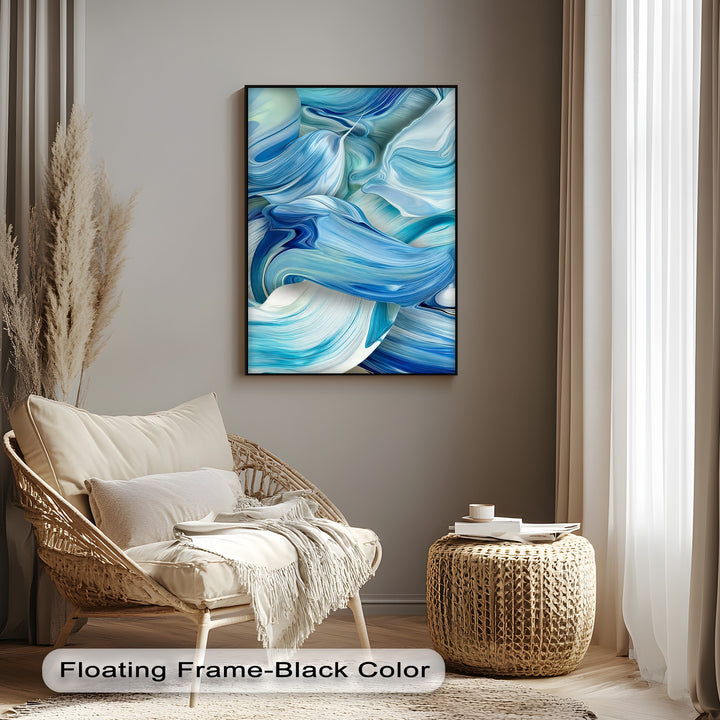 The brightest area of this captivating Blue Flow canvas wall decor highlights the luminous white and light blue abstract ocean wave designs.