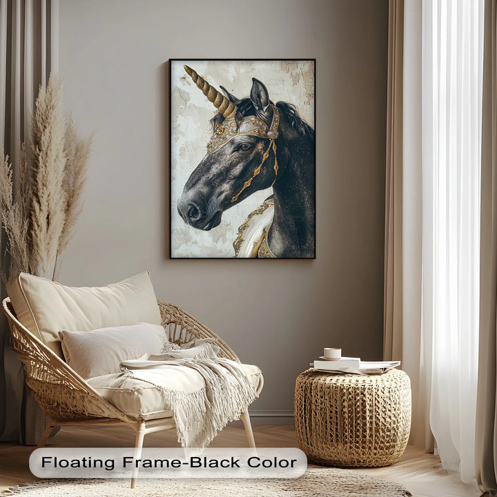 Regal Black Unicorn with Golden Armor – Fantasy Animal Canvas Print - MyPhotoStation