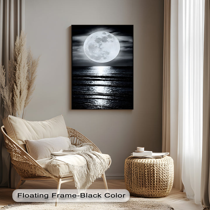 Vertical rectangular canvas pictures featuring a dramatic moonlit seascape with a glowing full moon reflecting on the ocean.