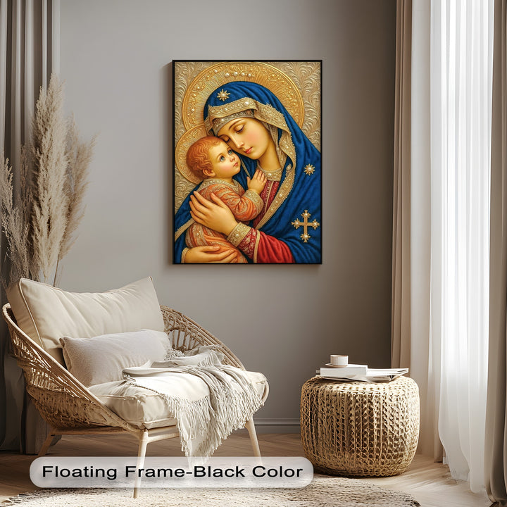 A vibrant framed canvas of Madonna and Child, depicting the Virgin Mary in serene blue robes holding Child Jesus, adorned with radiant gold halos.