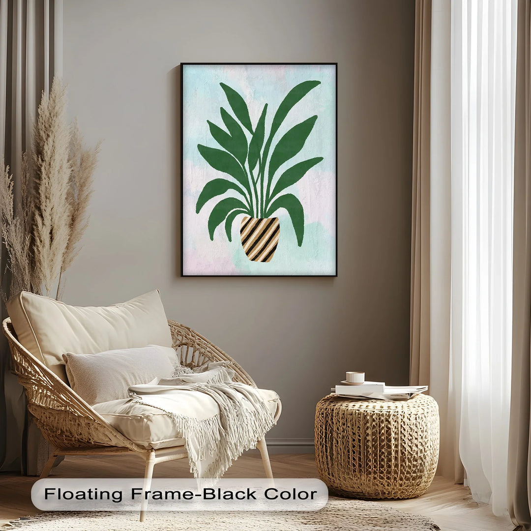 Striped Planter Botanical Art – Minimalist Green Leaf Canvas Print - MyPhotoStation