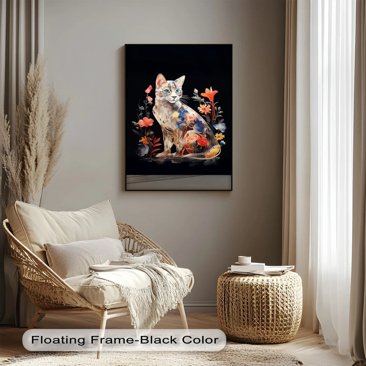 Botanical Gaze – Floral Patterned Cat with Blue Eyes Cat Canvas Print - MyPhotoStation