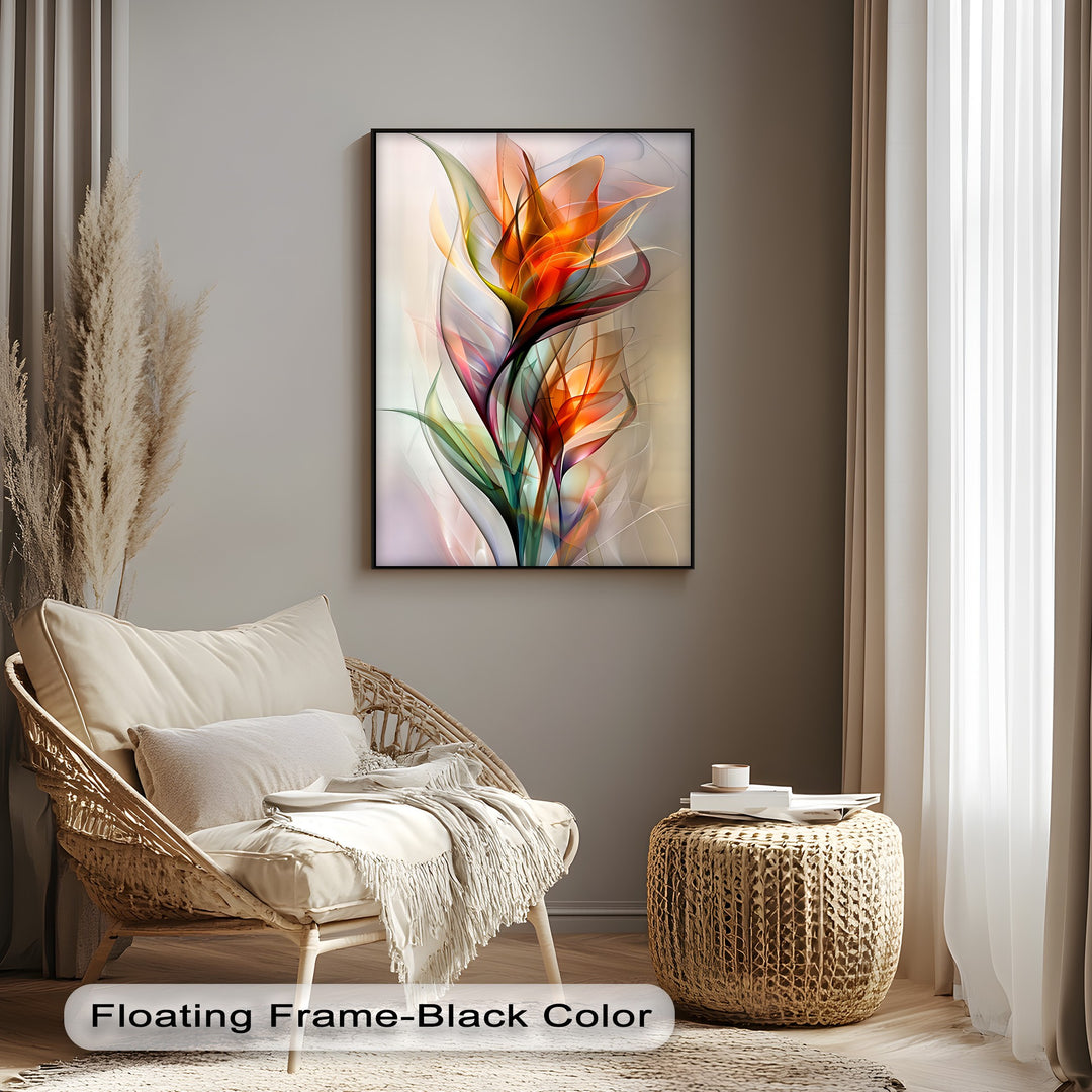 The serene and inviting mood of the room is perfectly complemented by the vibrant abstract floral canvas art featuring orange and green tones.