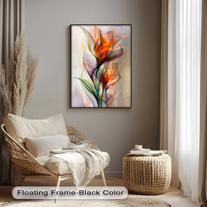 The serene and inviting mood of the room is perfectly complemented by the vibrant abstract floral canvas art featuring orange and green tones.