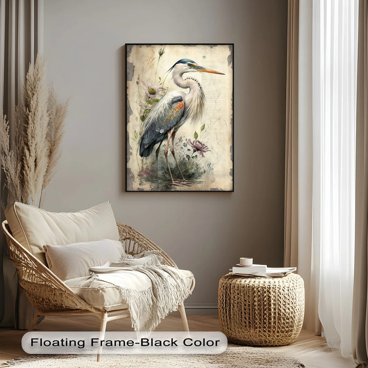 Graceful Heron Amid Wildflowers – Vintage Nature Canvas Print - MyPhotoStation