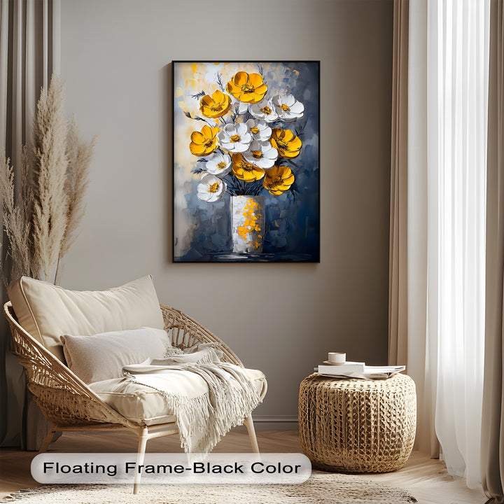 Sunlit Elegance – Yellow and White Poppies in Vase Canvas Print