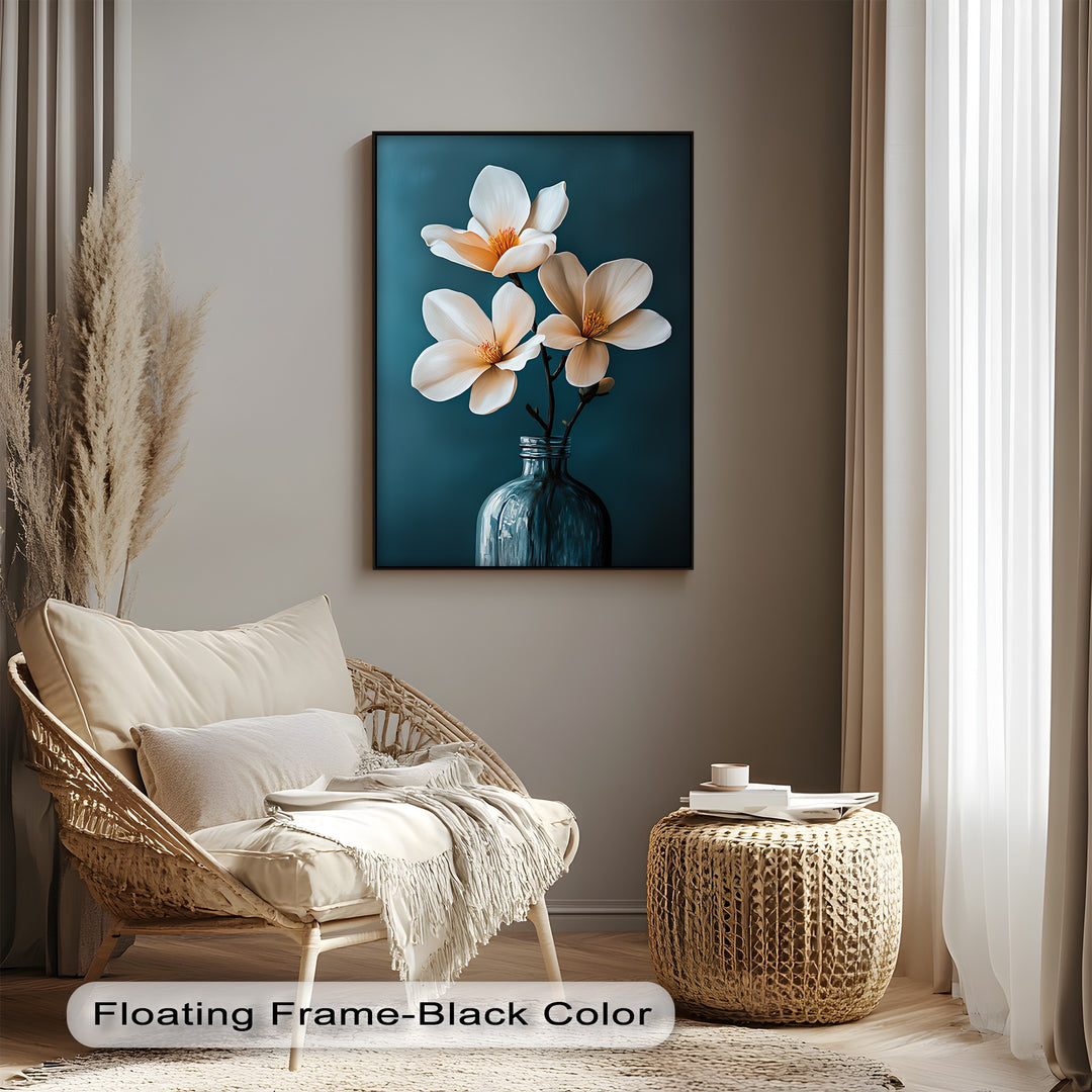 White Magnolia Trio in Teal – Elegant Floral Canvas Prints