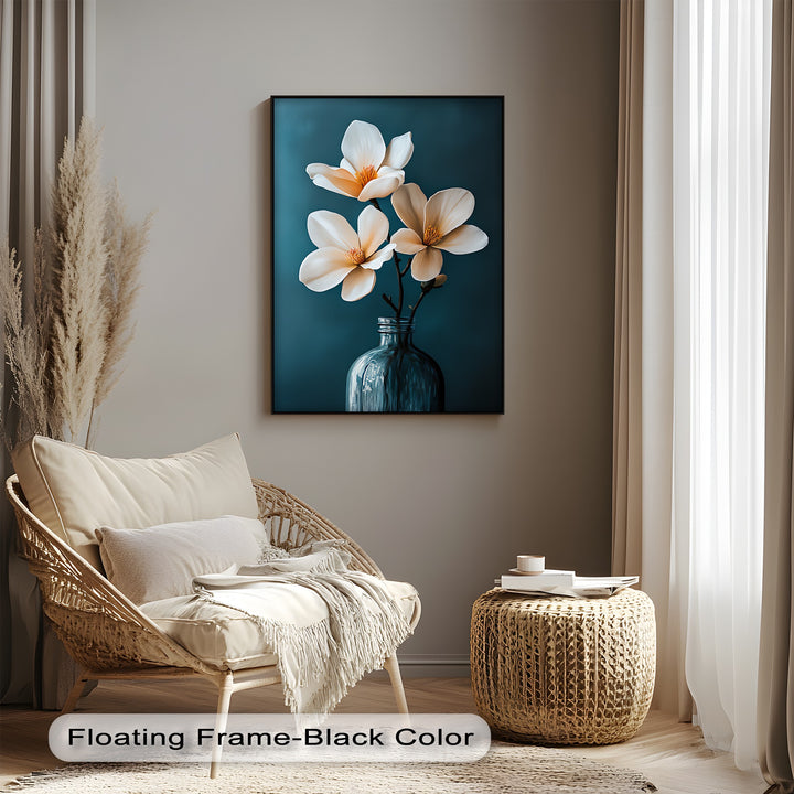 White Magnolia Trio in Teal – Elegant Floral Canvas Prints