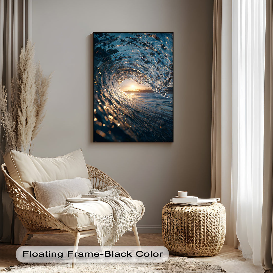 The neutral negative space beautifully emphasizes the 'Ocean Wave Canvas Print', a high quality canvas print of a golden sunset seascape.