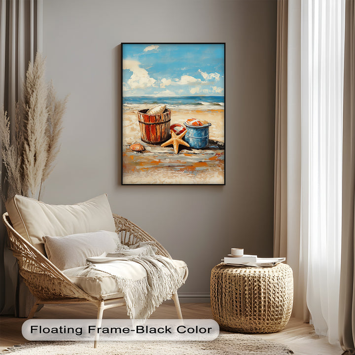 Beach Day Memories – Vibrant Coastal Bucket Scene Canvas Prints