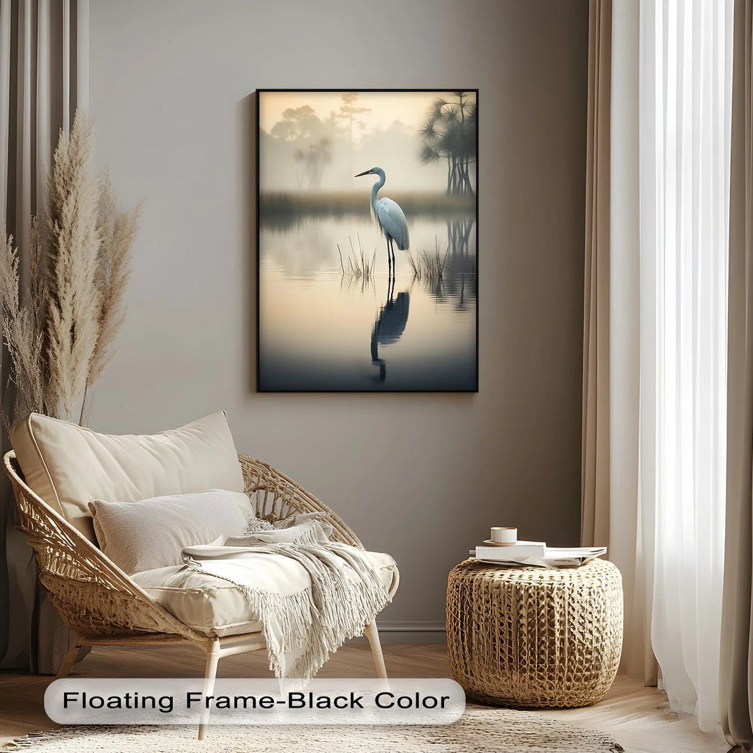 Misty Morning Heron – Serene Lakeside Reflection Canvas Print - MyPhotoStation