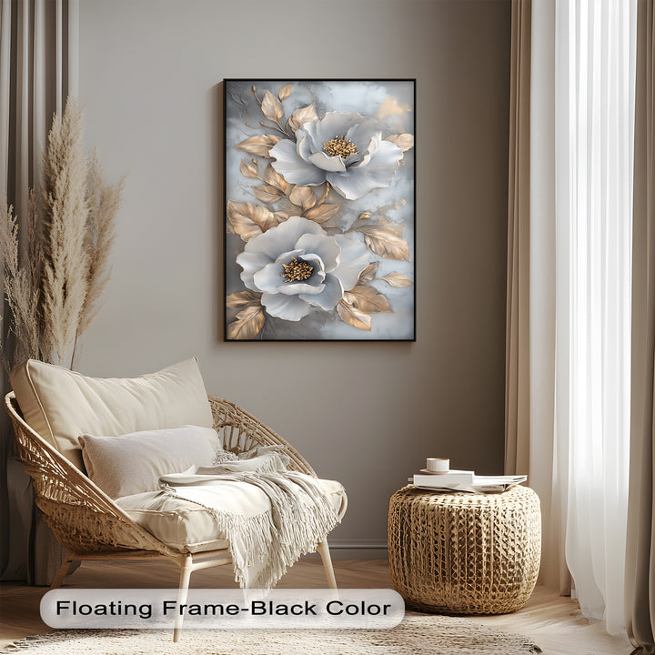 Metallic Petal Elegance – Gold and Silver Floral Canvas Print