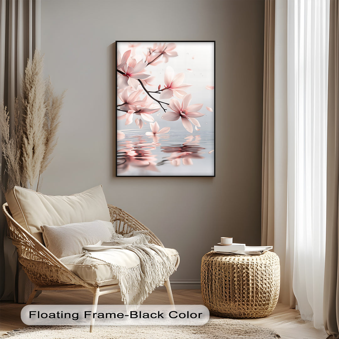 Blush Magnolia Blooms Reflected on Water – Tranquil Floral Canvas Print