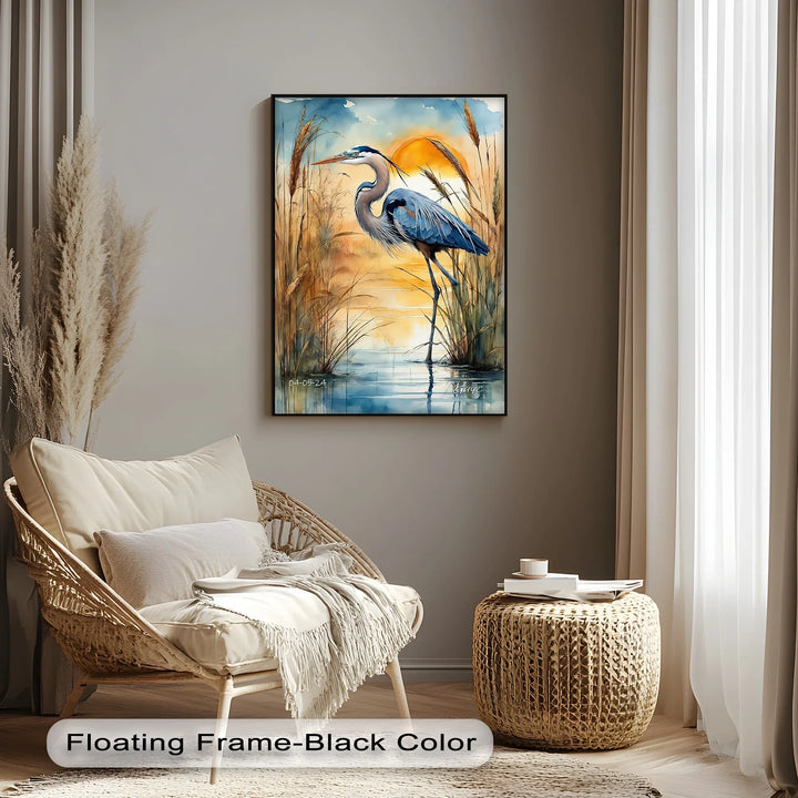 Majestic Blue Heron at Sunset – Serene Waterscape Canvas Print - MyPhotoStation