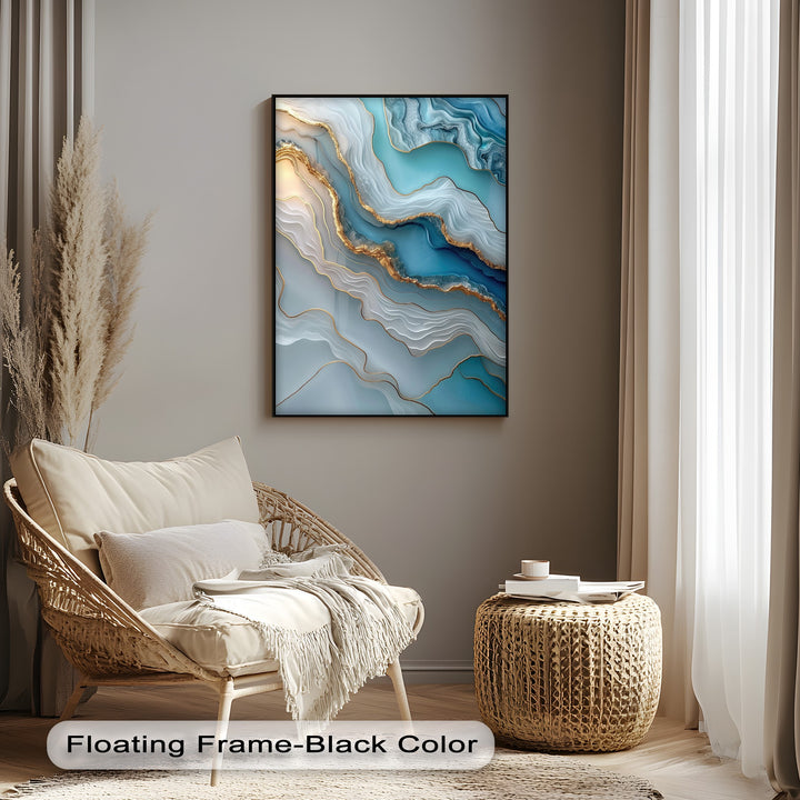 The darkest area, a sleek black floating frame, dramatically borders the abstract turquoise agate canvas art.