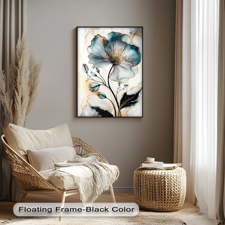 A serene and luxurious mood is cast by the captivating blue floral big canvas print, showcasing abstract flowers with elegant gold accents.