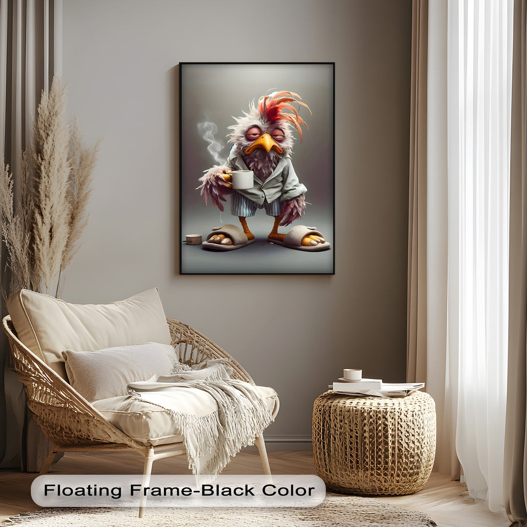 Focusing on the darkest area, a sleek black floating frame encircles the humorous Morning Grump Bird canvas art print.