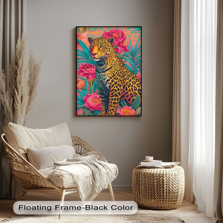 Regal Jungle Majesty – Vibrant Leopard in Floral Canvas Print