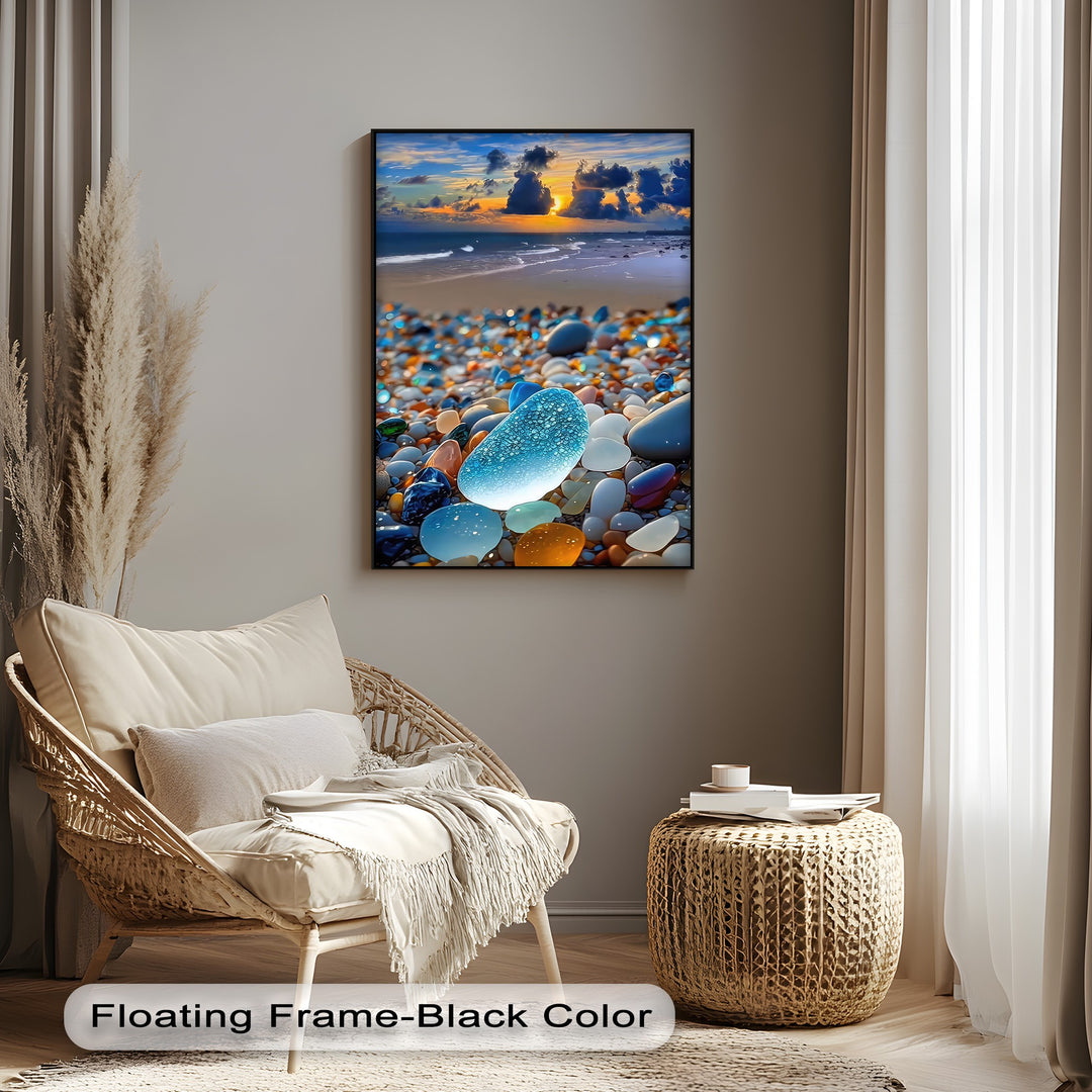 The visual rhythm of the vibrant sea glass pebbles transitions gracefully into a serene coastal sunset, showcased beautifully as canvas art.